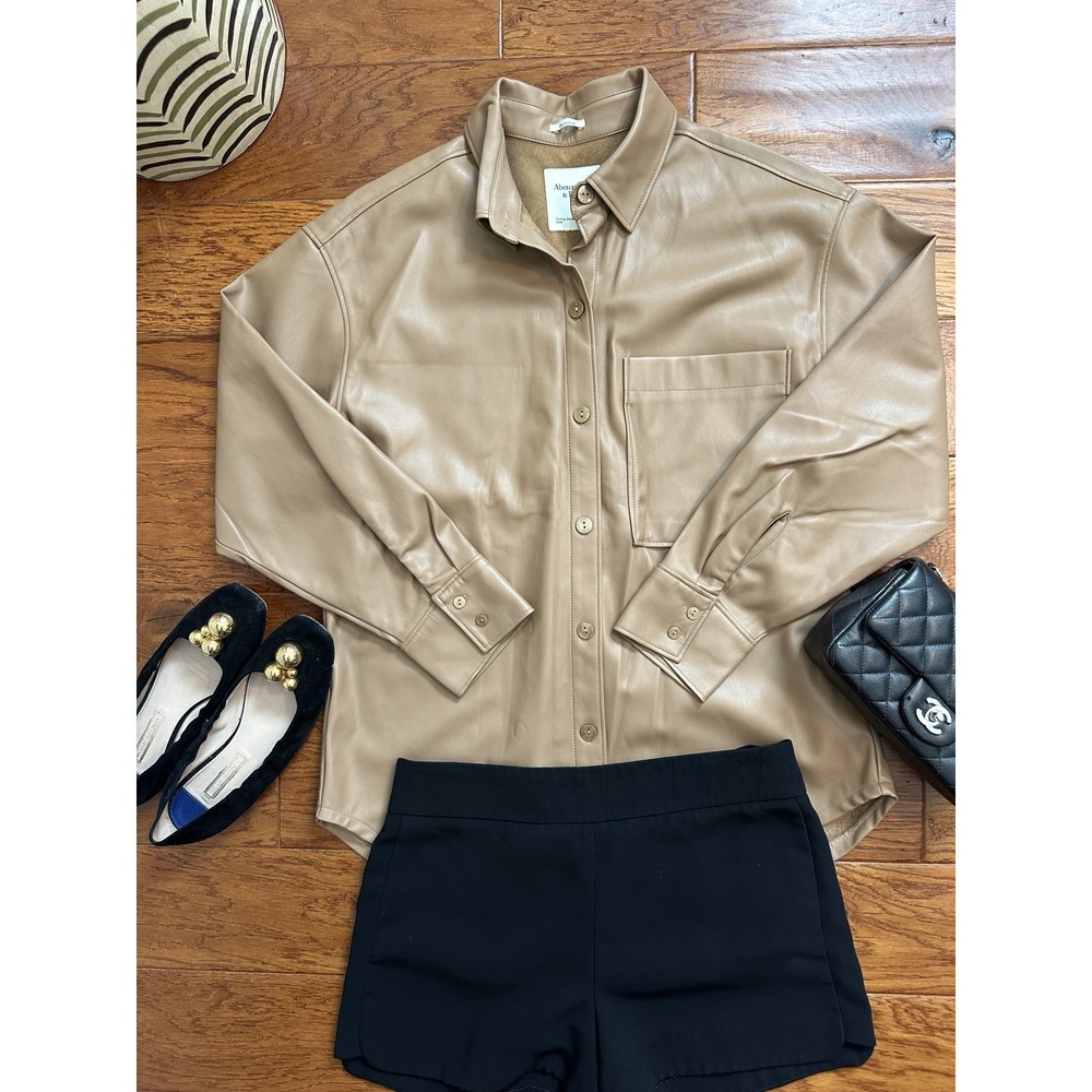Abercrombie & Fitch Womens S Faux Leather Oversized Shacket Jacket Tan Brown